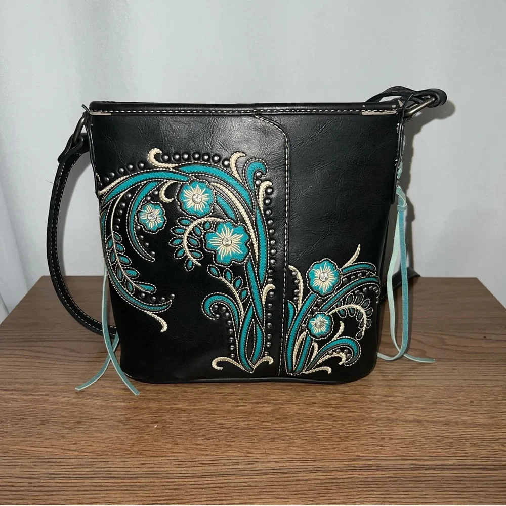Montana West Black Embroidered Floral Crossbody Bag